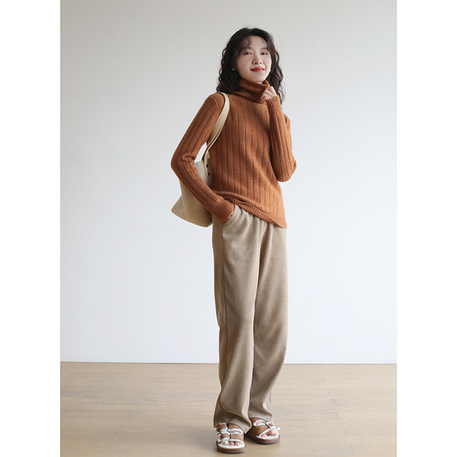 Pumpkin color turtleneck sweater for women 2025 new winter thickened inner knitted top pile collar base shirt