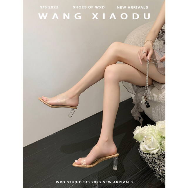 Wishing crystal high heel slippers for women in summer wear new one-strip transparent sandals for women