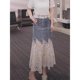 European lace spliced ​​denim skirt for women in 2025 summer hot high waist irregular fake two-piece midi skirt
