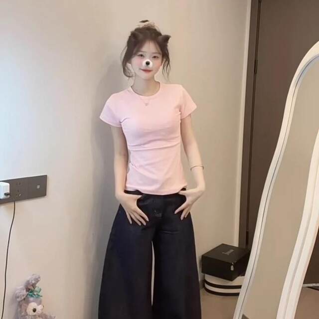 Korean pink front shoulder round neck short-sleeved T-shirt for women in summer 2025 new basic retro slim short top