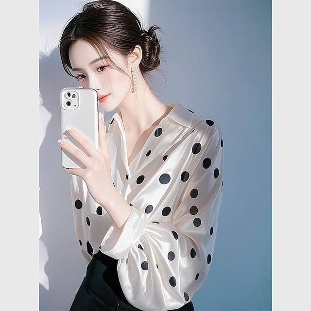 Brand discount store counter withdrawal cabinet white polka dot satin shirt women's unique and beautiful waist-hugging shirt high-end feeling