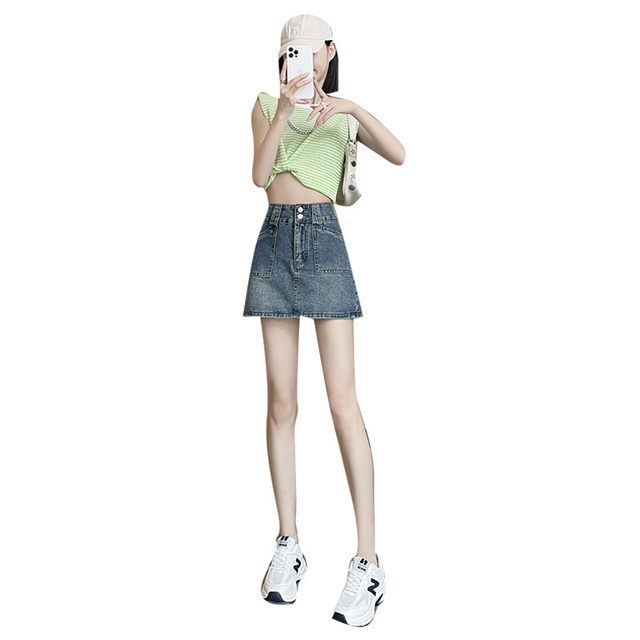 High-waisted denim short skirt for women in 2025 new summer slim large size small A-line hip skirt skirt