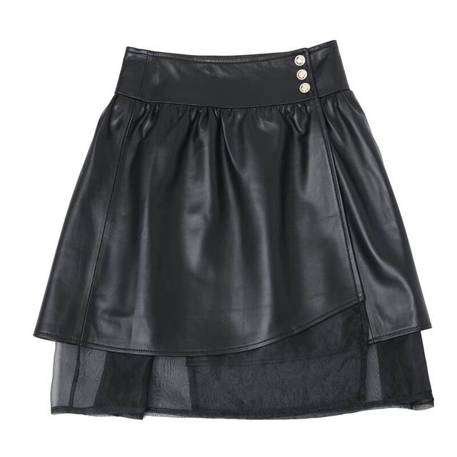 Sewed skirt 2025 autumn new genuine leather high waist leather skirt sheepskin tulle skirt black mid-skirt slim skirt