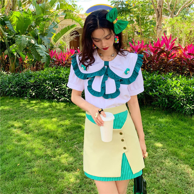 Flower Fairy Original Niche Year Summer Retro French Splicing Contrast Color High Waist Short Skirt Asymmetrical Design Sex Skirt