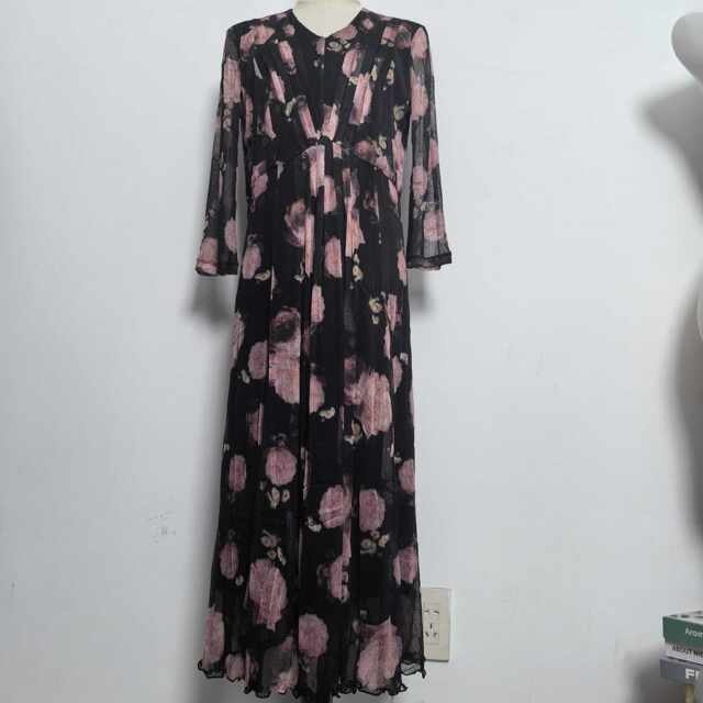 Nj mulberry silk screen eye V -neck cuff dressing mid -long skirt A -line skirt 5012 Mom is elegant
