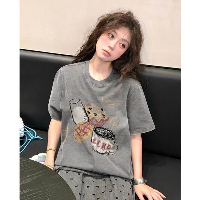 American retro fun printed gray front shoulder short-sleeved T-shirt for women 2025 summer new loose half-sleeved top trendy
