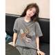 American retro fun printed gray front shoulder short-sleeved T-shirt for women 2025 summer new loose half-sleeved top trendy
