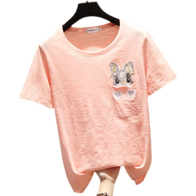 Forward shoulder white short-sleeved T-shirt for women in summer 2025 new embroidered half-sleeved fashionable loose Korean bamboo joint cotton top