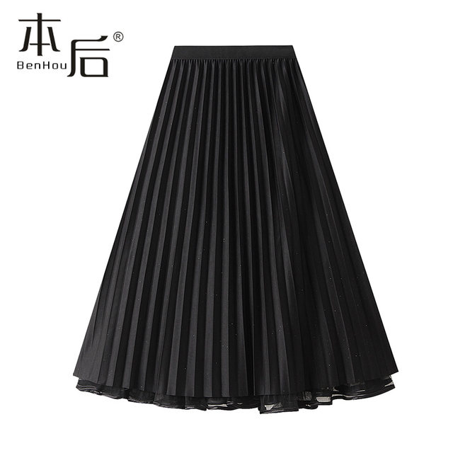 D2302 Starry sky bright silk mesh skirt for women on both sides of women's spring and summer medium-length pleated skirt A-line drooping gauze skirt