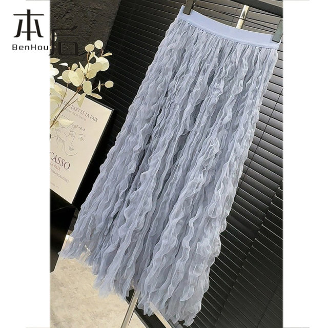 2905 Thin style curled pleated irregular skirt for spring and summer women's gauze skirt A-line large swaying puffy skirt new long skirt