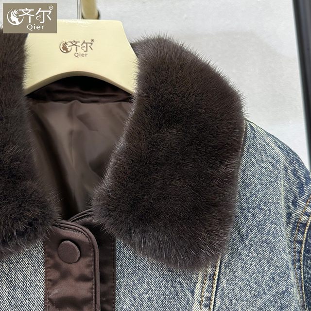 
Haining new winter style real mink fur spliced denim warm white goose down down jacket fur coat for women European station