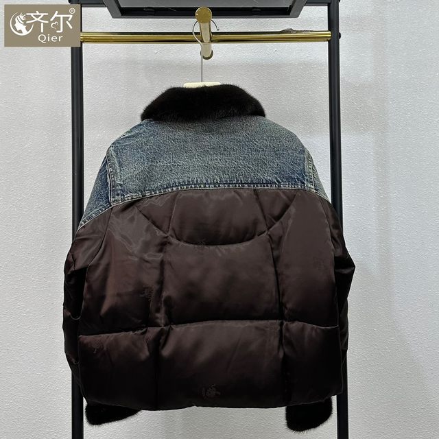 
Haining new winter style real mink fur spliced denim warm white goose down down jacket fur coat for women European station