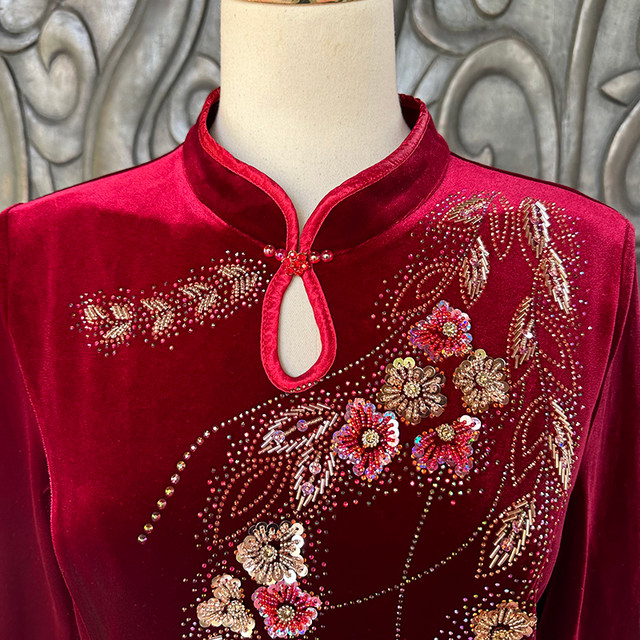 Brand high-end mother-in-law wedding dress improved cheongsam dress spring and autumn wedding mother's dress velvet skirt