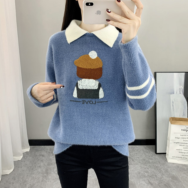 Sweater for women in autumn and winter junior high school students, big children wearing dolls inside, two fake velvet thickened warm bottoming shirts
