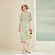 PIT retro square collar one-line collar short sleeve puff sleeve floral A-line dress for women 2025 spring new temperament long skirt