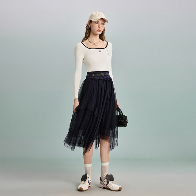 PIT retro versatile mid-length irregular black half-body gauze skirt high waist slim commuting daily design
