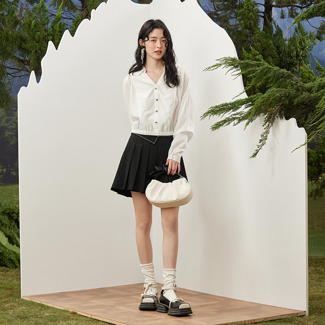 PIT simple retro pleated high-waist short skirt new versatile college style commuting to make you look thin
