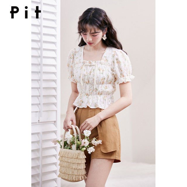 PIT button-down shirt for women in summer new women's floral elastic square collar puff sleeve sweet top
