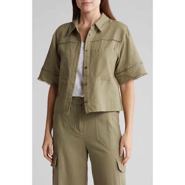 European and American linen lace embroidery spliced ​​short cotton linen casual solid color shirt, foreign trade original single women's clothing large-size summer