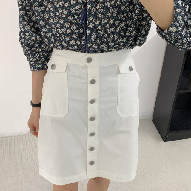 European and American cotton pockets slim solid color button commuting OL skirt, original foreign trade single women's summer and autumn new style