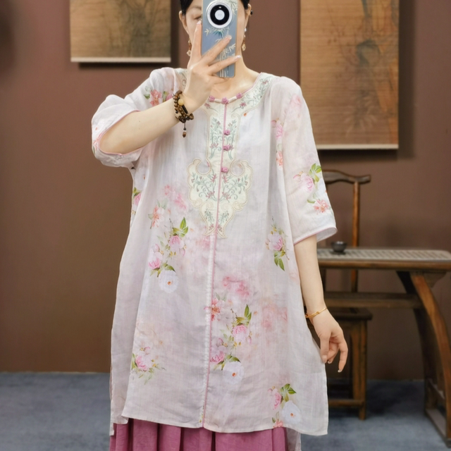 
New Chinese women's clothing new round neck button embroidered five-point sleeve shirt for women ramie printing mid-length top