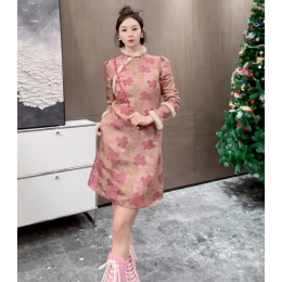 New Chinese style Zen meditation body thin pink printing improved cheongsam plush dress woman 2023 autumn and winter