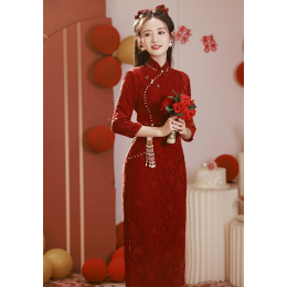 Cheongsam toast red winter engagement 2023 new long sleeved back door dress dress female dress autumn winter