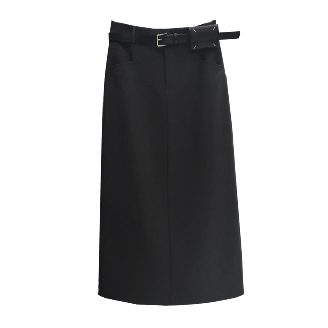 
YIMOXI mid-length skirt for women with high waist straight 2025 summer temperament slimming back slit suit versatile skirt black