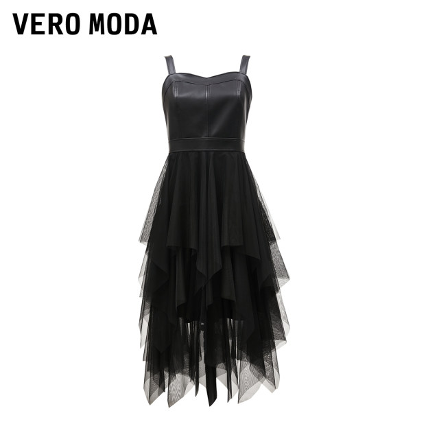 Vero Moda Dress for Women 2024 Autumn and Winter New PU Mesh Pairing Irregular Multi-layer Small Black Skirt Fashion