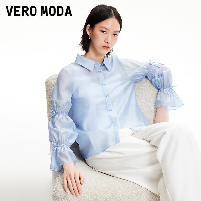 Vero Moda shirt for women 2024 spring new sweet and elegant elastic bow flared sleeve top