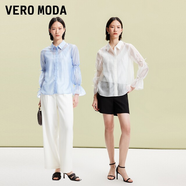 Vero Moda shirt for women 2024 spring new sweet and elegant elastic bow flared sleeve top