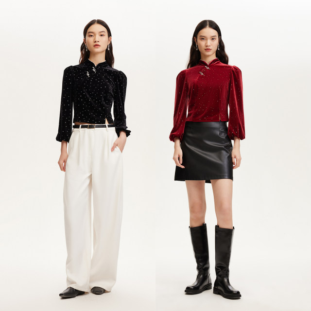 Vero Moda top for women 24 autumn new Chinese glitter beads decorative velvet top 324458001