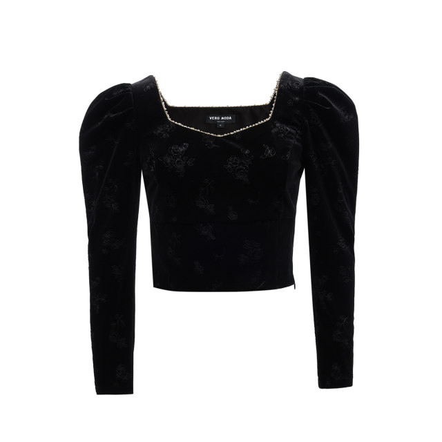 Vero Moda Top 24 Autumn New Velvet Rose Embossed Beaded Square Collar Top French 324458002