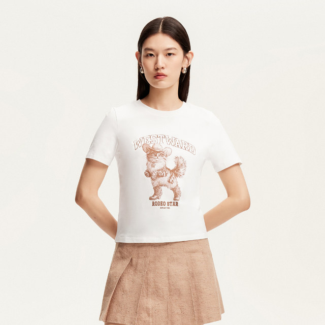 Vero Moda cute pet party T-shirt 2025 summer new cotton top cat and dog print front shoulder short sleeve playful
