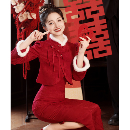 Autumn and winter cheongsam set toasting Bride 2023 new winter red wedding dress winter out of the cabinet