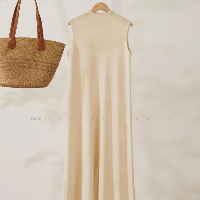 Elegant knitted half-high neck sleeveless dress for women 2025 summer new style literary casual slim temperament vest skirt