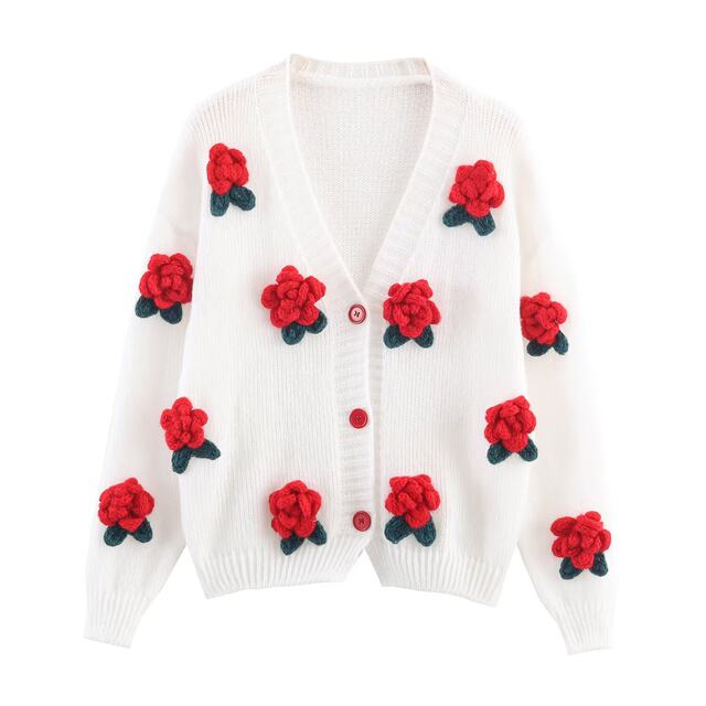 
WMXZ Autumn 2025 New Sweet V Neck Handmade Flower Decoration Casual Knit Cardigan Jacket Women