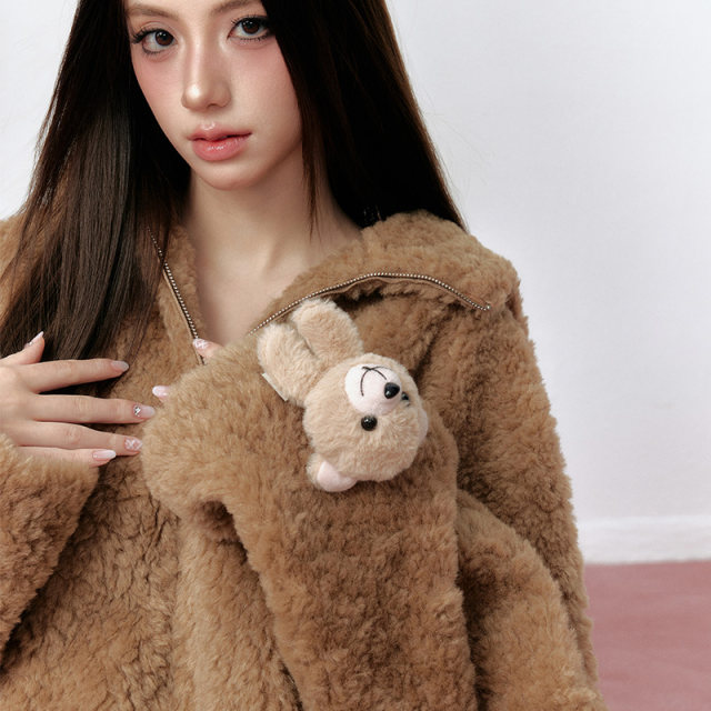 AOKIDOKI rabbit and bear brown lamb hair connecting hooded hair coat female winter environmentally friendly fur coat set