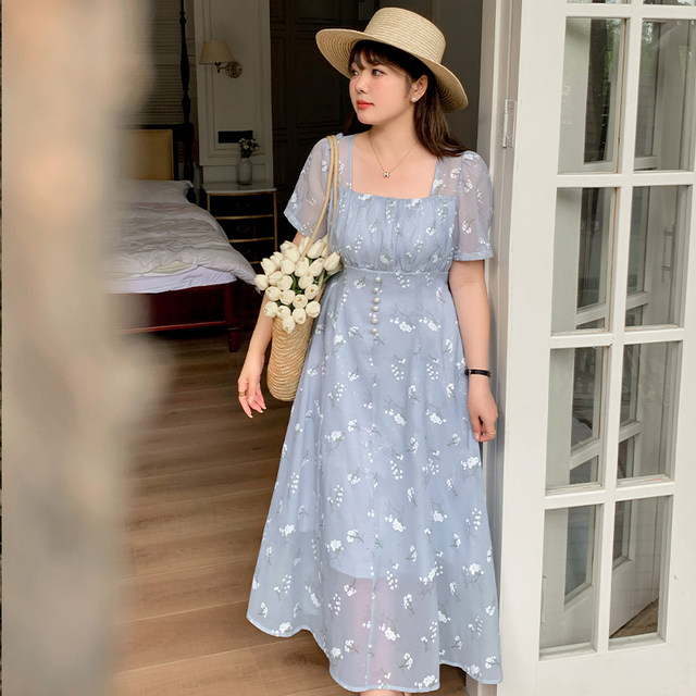 2024 French temperament square leads short -sleeved small fresh jet dress female summer new fat sister big size women's skirt
