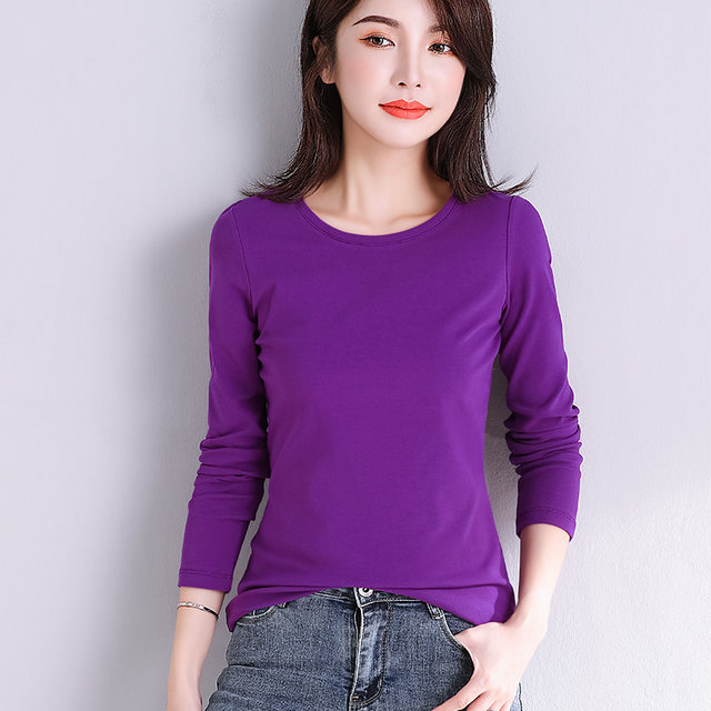Purple thread cotton cotton small round neck shirt female inside spring and autumn new solid color slimming, thin wild long -sleeved T -shirt