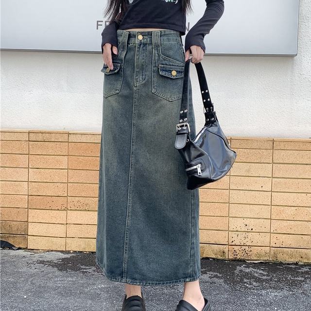 
Real shot of large-size women's denim skirt for women with high waist new retro straight loose A-line midi skirt