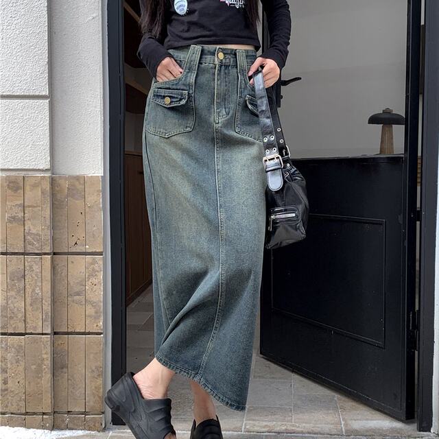 
Real shot of large-size women's denim skirt for women with high waist new retro straight loose A-line midi skirt