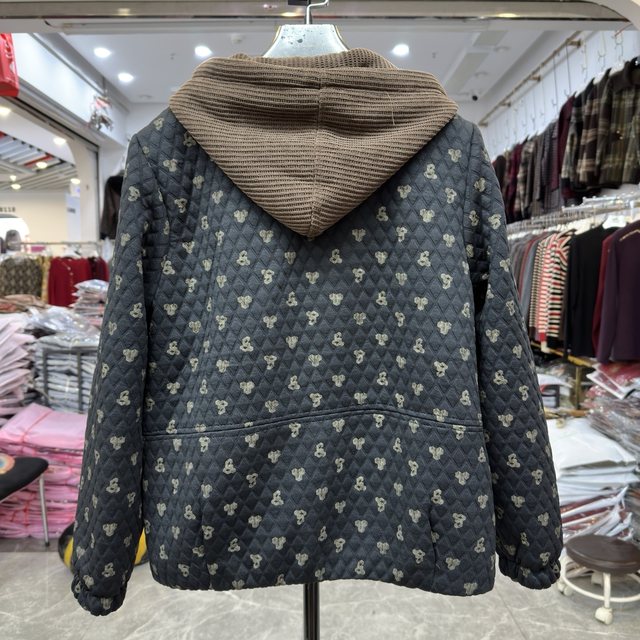 Young mother's hooded quilted printed coat autumn and winter new style foreign style loose casual jacket top for middle-aged and elderly people