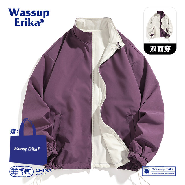 Wassup erika dopamine couple wore jackets on both sides, men and women autumn Japanese pink tops standing collar
