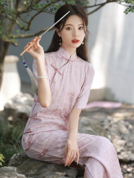 Pink ancient law full open one piece of cheongsam without province flat cut new Chinese style 2023 early autumn new Republic of China style