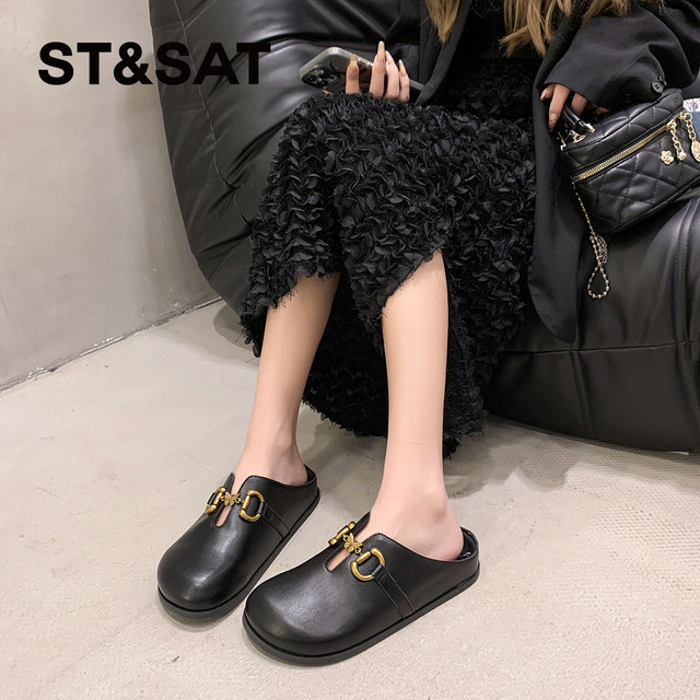 Saturday retro genuine leather toe-cap Birkenstock half slippers for women 2024 autumn and winter new thick-soled Birkenstock lazy slippers