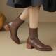 ST/SAT/Saturday's retro wool routing short boots female middle heel heel naked boots autumn and winter elastic brown leather boots
