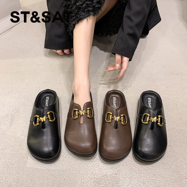Saturday retro genuine leather toe-cap Birkenstock half slippers for women 2024 autumn and winter new thick-soled Birkenstock lazy slippers
