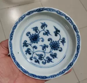 銀閣】中国美術 青花 纏枝蓮花紋 花盆 盆盤 景徳鎮製 款 φ20.5cm 旧家