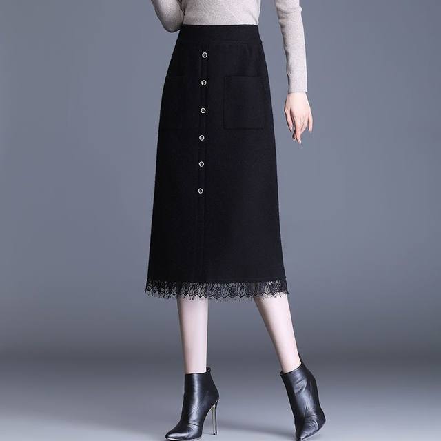 Knitted skirt for women in spring, autumn and winter new mid-length hip-covered skirt waist-hugging and slimming high waist pocket A-line winter skirt
